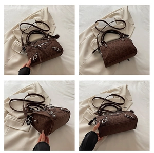 Detail views of vintage leopard print crossbody bag with silver studs and long tassels