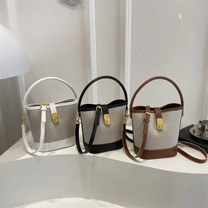 Fashion Patchwork Bucket Bag Canvas PU Leather Shoulder Crossbody Handbag With Gold Metal Lock Retro Contrast Color Women