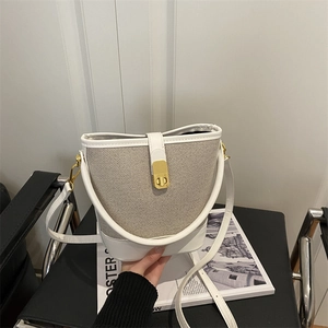 Minimalist white leather and mesh bucket bag with gold hardware and top handle strap