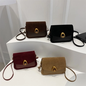 Retro Splicing PU Suede Square Shoulder Bag For Women Gold Horseshoe Buckle Crossbody Bag With Adjustable Strap