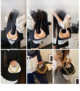 Chic dumpling-shaped half moon bag shown in pink, white, brown, and black colors