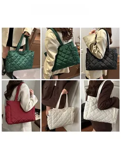Quilted tote bag detail showing green, black, burgundy and beige options with side pockets