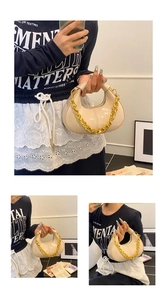 Three lifestyle views of a cream patent leather crescent bag with chunky gold chain