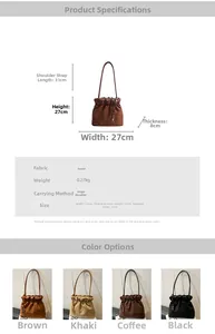 Detailed size chart and specifications for the suede pleated bucket shoulder bag