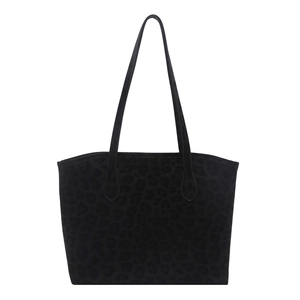 Large capacity leopard print tote bag in black suede with long shoulder straps