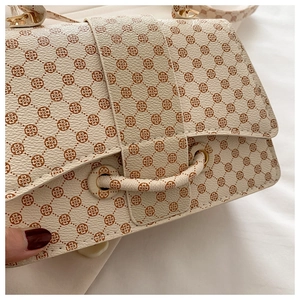 Detail of cream crossbody bag with brown monogram pattern and golden metal eyelets