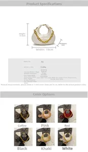 Detailed size specifications and color options for the mini PU crescent chain handbag