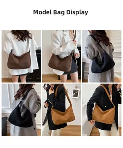 Detailed model showcase of corduroy tote bags in brown, black, and yellow colors