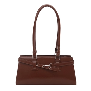 Dark brown leather shoulder bag with decorative belts and silver buckles on white background