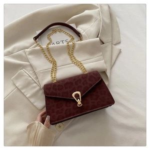 Detail of burgundy leopard print crossbody bag with gold chain strap and metal clasp