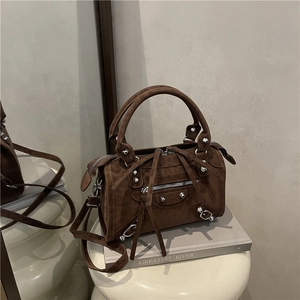 Retro dark brown suede motorcycle handbag with silver rivets and tassels decoration
