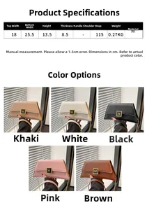 Detailed size specifications and color options for the minimalist PU underarm bag with M logo