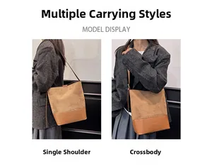 Dual-view detail showing the brown mixed-texture tote worn as shoulder and crossbody bag