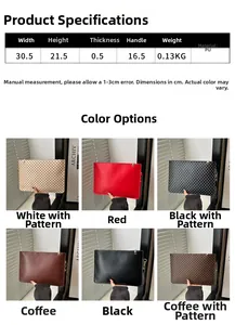 Detailed size specifications and 6 colors overview of the PU leather envelope clutch bag