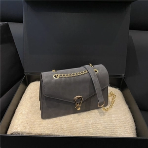 Dark grey faux suede chain shoulder bag with gold metal buckle in premium gift box