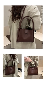 Detailed views of a dark brown pebble leather bucket bag with handle and shoulder strap