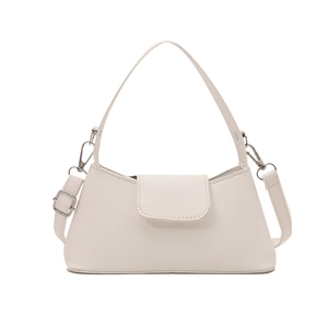 French style cream baguette bag with embossed logo and adjustable shoulder strap