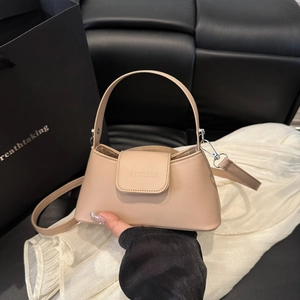 French style beige PU leather baguette bag with top handles and adjustable strap