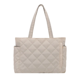 Quilted beige tote bag with large capacity, padded shoulder straps and side pockets