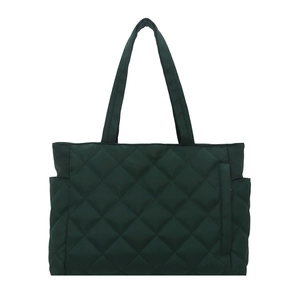 Dark green quilted tote bag with large capacity rhombic stitching and wide top handles