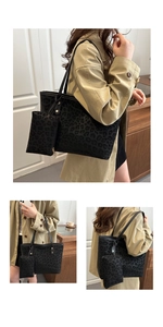 Detailed leopard print tote bag with small matching pouch and black leather handles