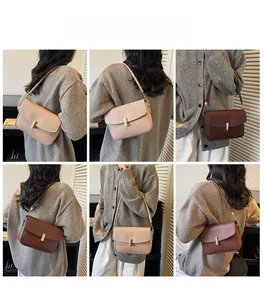 Multiple views of minimalist crossbody bags in beige, pink and brown with gold hardware