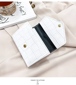 Detail of white crocodile texture envelope card holder with golden snap closure