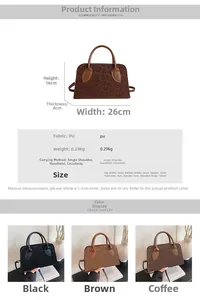 Detailed size chart for retro matte tote bag showing dimensions 26cm x 16cm x 8cm in PU leather