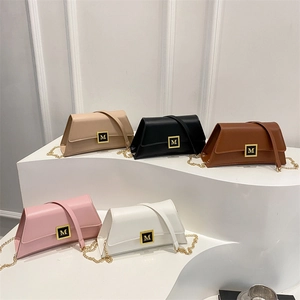 Women Shoulder Crossbody Bag PU Leather Elegant Trapezoid Small Square Purse With Metal Chain Letter M Magnetic Buckle
