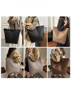 Detailed views of woven texture tote bags in black, khaki, grey and brown colors
