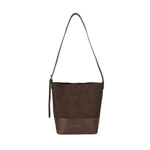 Dunkelbraune Patchwork-Eimertasche aus Wildleder und Leder mit großem Fassungsvermögen