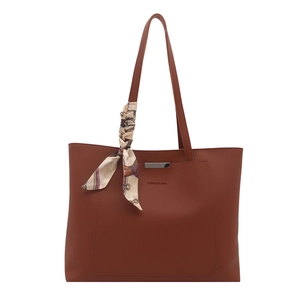 Brown faux leather tote bag with silver metal bar and geometric silk scarf decoration