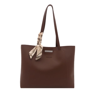 Large dark brown tote bag in matte faux leather with silk scarf and silver metal trim