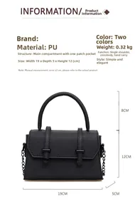 Detailed view of black PU leather crossbody bag with dimensions and metal chain strap