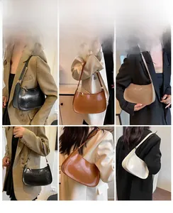 Model showcasing four vintage underarm bags in black, brown, coffee, and beige colors