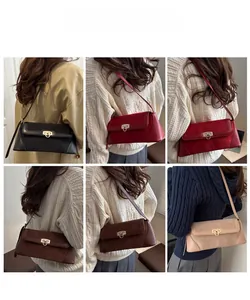 Collage of chic baguette bags in black, red, brown, and beige with golden buckle detail