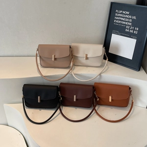 Minimalist Retro Shoulder Bag Women PU Leather Flap Underarm Bag With Gold Metal Buckle French Style Versatile