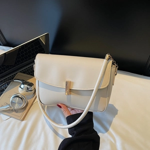 Minimalist cream white flap shoulder bag with gold metal buckle for women's daily commute