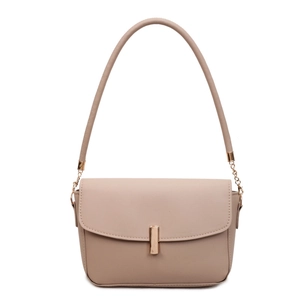 Elegant beige leather shoulder bag with gold rectangular buckle and delicate chain strap