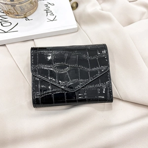 Mini black crocodile pattern envelope card holder wallet with glossy finish and stitching