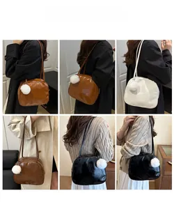 Collage of four versatile PU leather backpacks featuring cute white pompom charms for travel