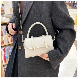 Detail of elegant beige square handbag with gold chain strap on grey tweed coat