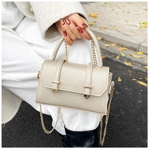 Close-up of champagne gold mini handbag featuring textured material and gold chain strap