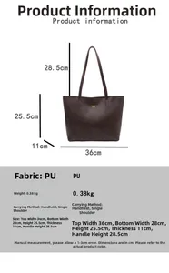 Size chart and specifications for the large capacity PU leather tote bag with dimensions