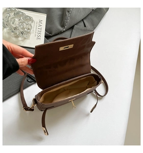 Close-up of dark brown leather handbag showing gold clasp and fabric lining interior