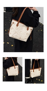 Dettaglio di borsa tote in ecopelle crema con motivo monogramma e tracolla in pelle