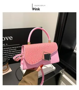 Pink PU leather handbag with crocodile pattern flap and golden hardware details