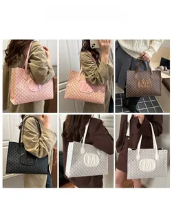 Multiple views showing fashion tote bag with M-letter pattern on female models