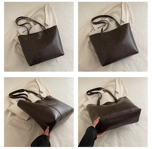 Multi-angle view of a dark brown bucket tote bag with gold lettering and retro texture