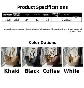 Detailed size chart and material specifications for this PU leather bucket tote bag